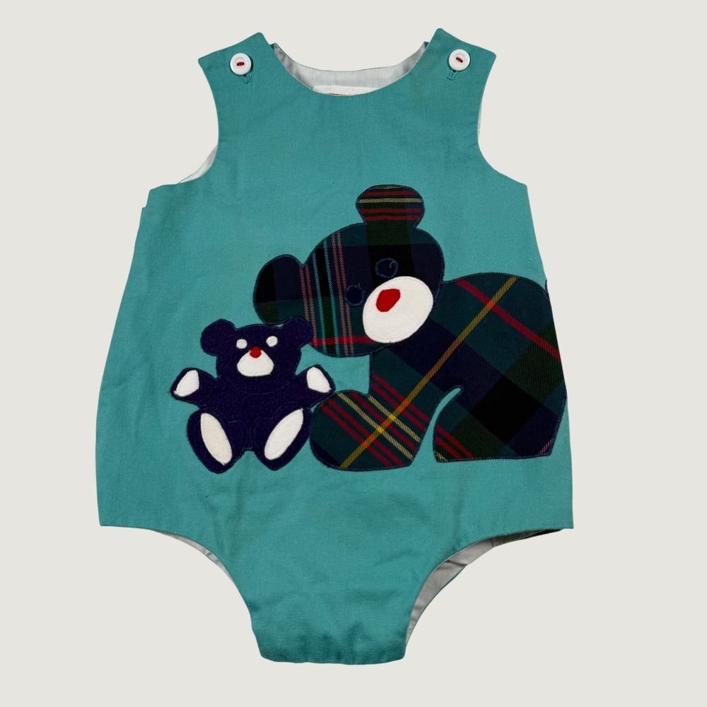 Vintage Chocolate Soup Teal Plaid Teddy Bear Bubble Romper Baby 9-12 months